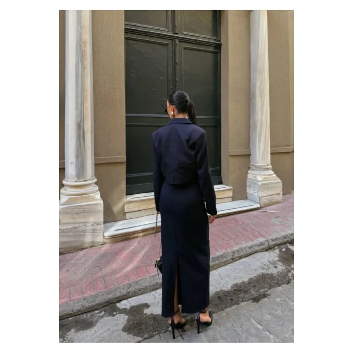 Kadın Kruvaze Detaylı Sırt Çapraz Askılı Elbise Ceket Takımı