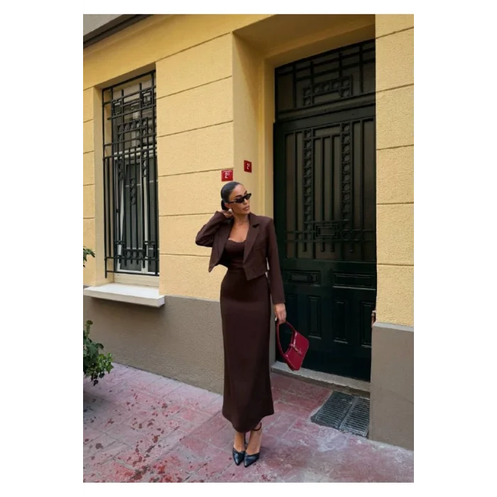 Kadın Kruvaze Detaylı Sırt Çapraz Askılı Elbise Ceket Takımı