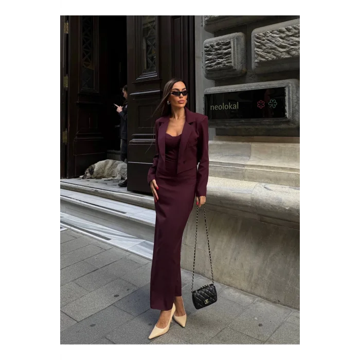 Kadın Kruvaze Detaylı Sırt Çapraz Askılı Elbise Ceket Takımı