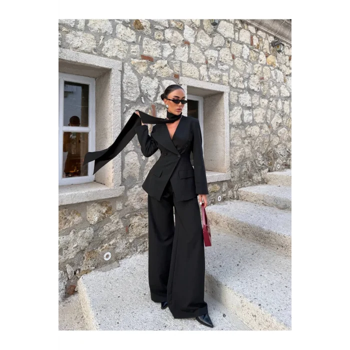 Kadın Modern Tasarım Şal Detaylı Pantolon Ceket Takımı