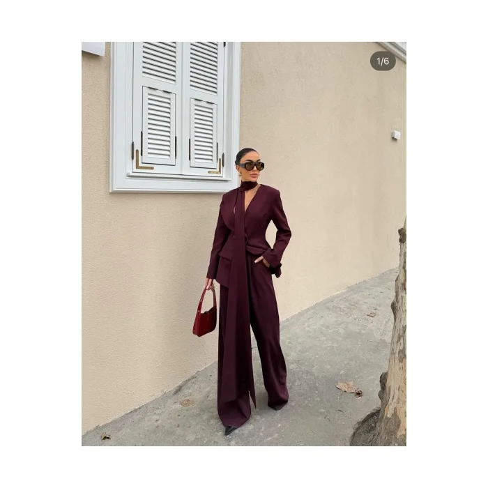 Kadın Modern Tasarım Şal Detaylı Pantolon Ceket Takımı