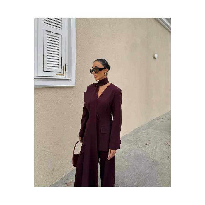 Kadın Modern Tasarım Şal Detaylı Pantolon Ceket Takımı