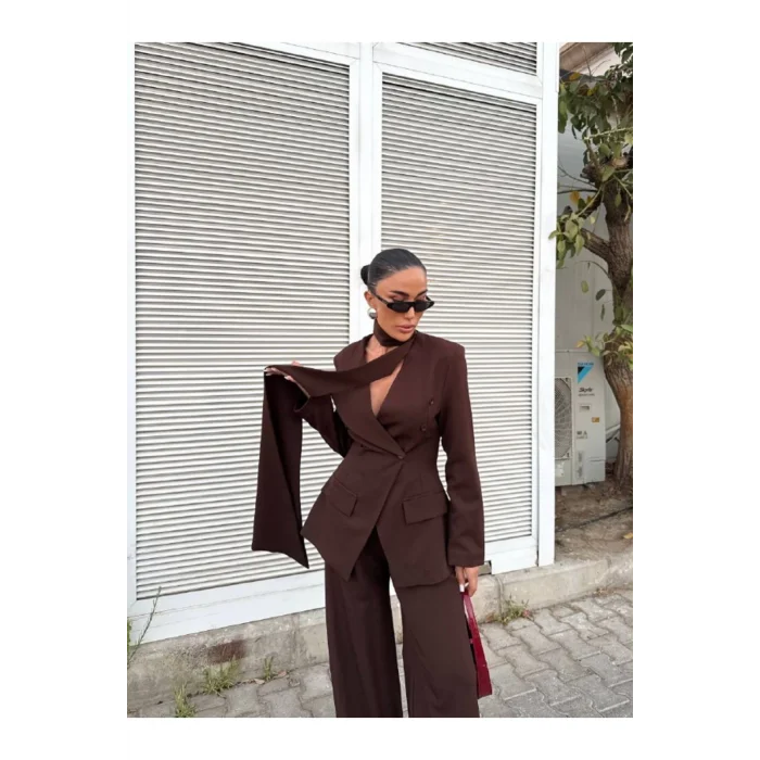 Kadın Modern Tasarım Şal Detaylı Pantolon Ceket Takımı