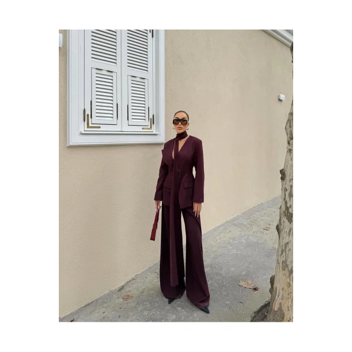 Kadın Modern Tasarım Şal Detaylı Pantolon Ceket Takımı