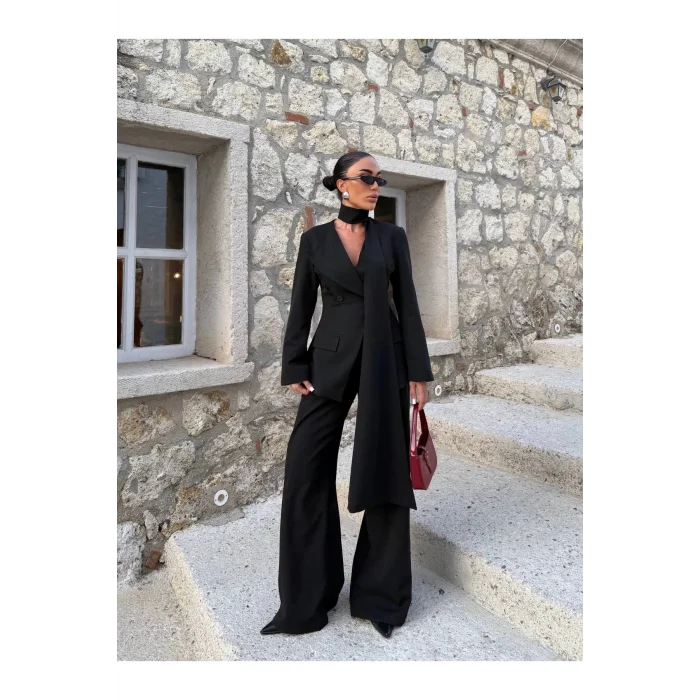 Kadın Modern Tasarım Şal Detaylı Pantolon Ceket Takımı