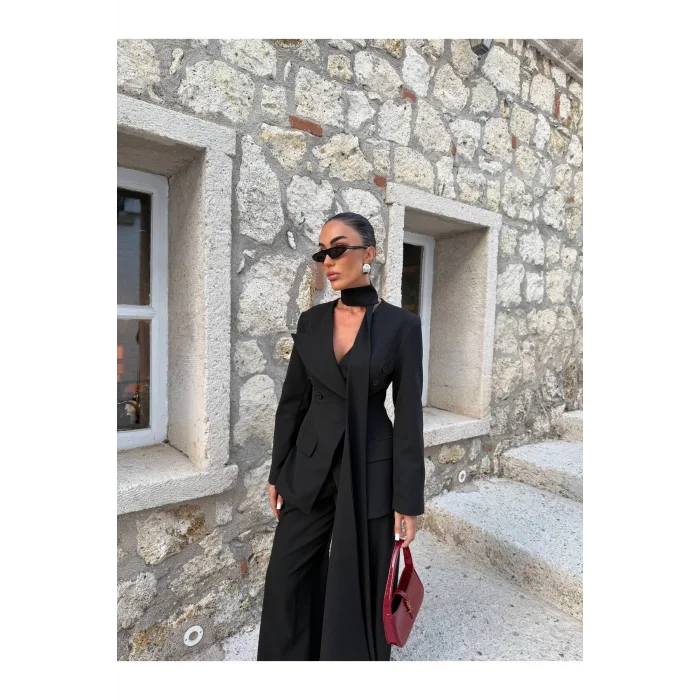 Kadın Modern Tasarım Şal Detaylı Pantolon Ceket Takımı