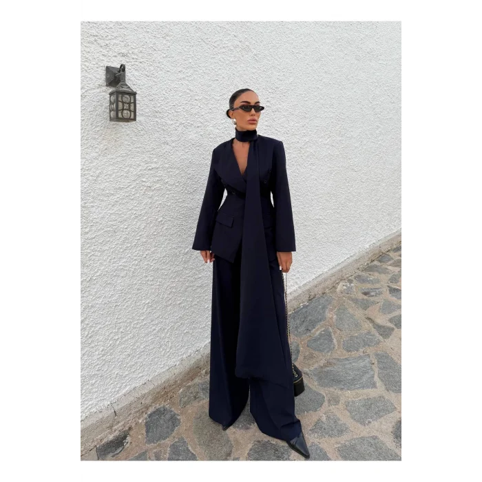 Kadın Modern Tasarım Şal Detaylı Pantolon Ceket Takımı