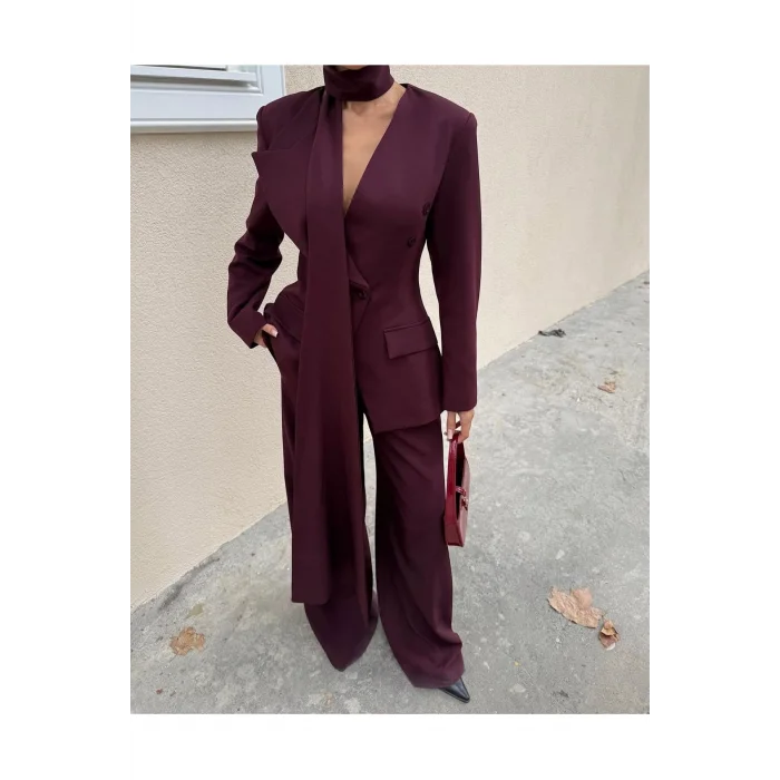 Kadın Modern Tasarım Şal Detaylı Pantolon Ceket Takımı