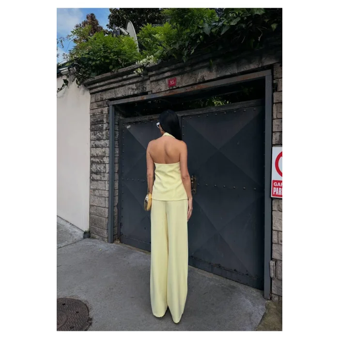 Kadın Sarı Sırtı Açık Yelek Pantolon Takım