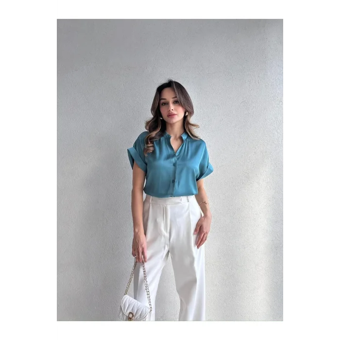Kadın Saten Kısa Kollu Gömlek Bluz