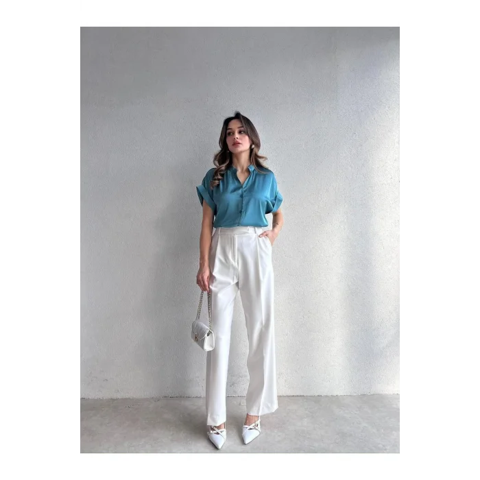 Kadın Saten Kısa Kollu Gömlek Bluz