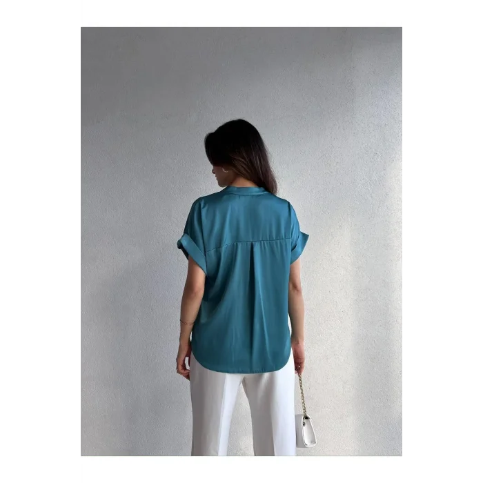 Kadın Saten Kısa Kollu Gömlek Bluz