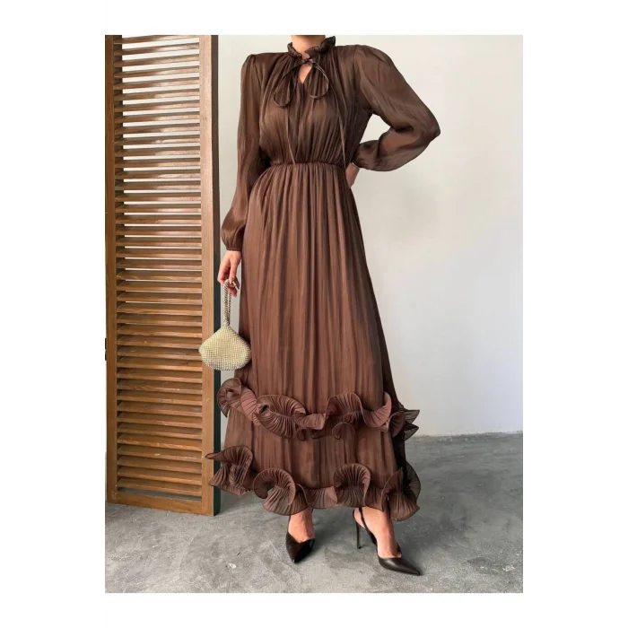 Kadın Şifon Fırfır Detaylı Hakim Yaka Bağlamalı Bel Büzgülü Lastikli Uzun Elbise