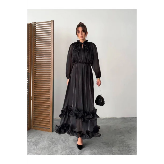 Kadın Şifon Fırfır Detaylı Hakim Yaka Bağlamalı Bel Büzgülü Lastikli Uzun Elbise