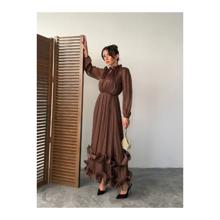 Kadın Şifon Fırfır Detaylı Hakim Yaka Bağlamalı Bel Büzgülü Lastikli Uzun Elbise