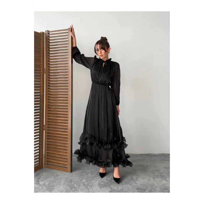 Kadın Şifon Fırfır Detaylı Hakim Yaka Bağlamalı Bel Büzgülü Lastikli Uzun Elbise