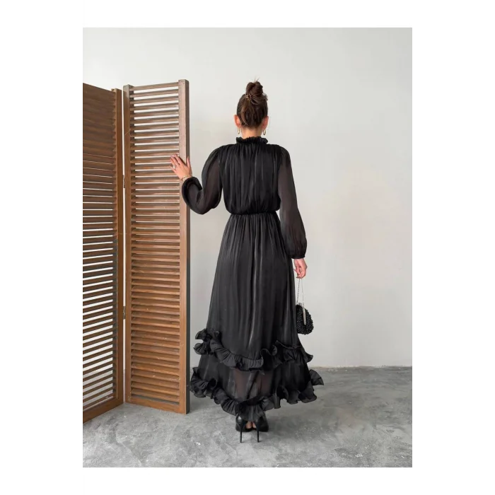 Kadın Şifon Fırfır Detaylı Hakim Yaka Bağlamalı Bel Büzgülü Lastikli Uzun Elbise