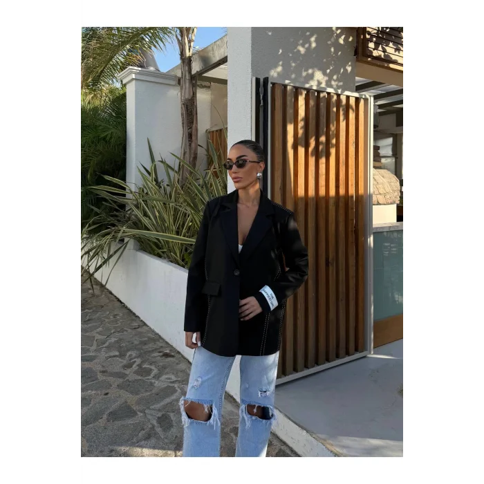 Kadın Siyah Dikiş Detaylı Oversize Blazer Ceket