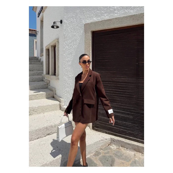 Kadın Siyah Dikiş Detaylı Oversize Blazer Ceket