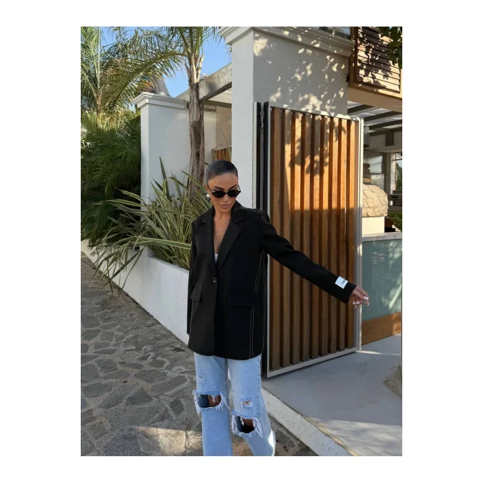 Kadın Siyah Dikiş Detaylı Oversize Blazer Ceket