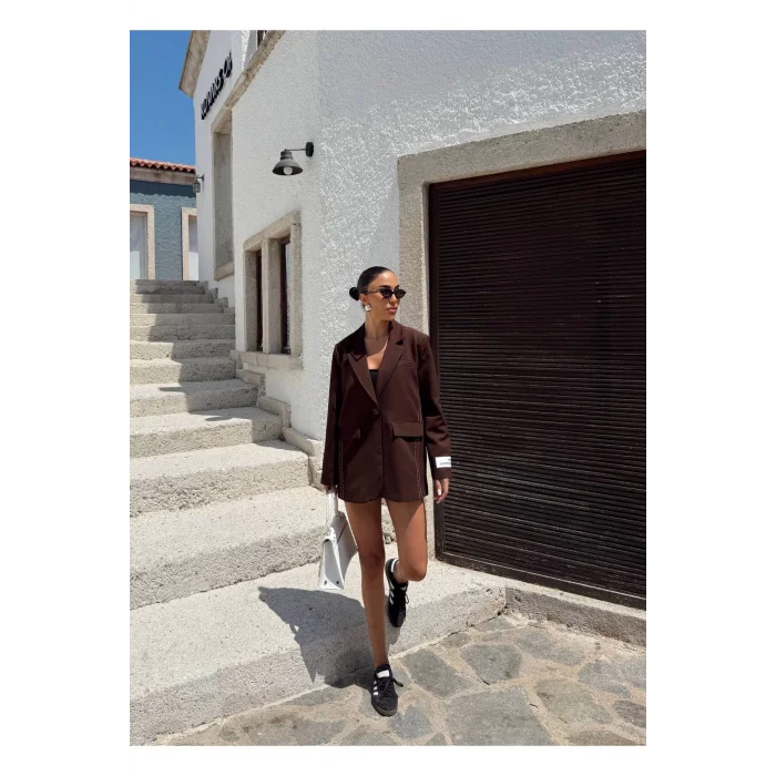 Kadın Siyah Dikiş Detaylı Oversize Blazer Ceket