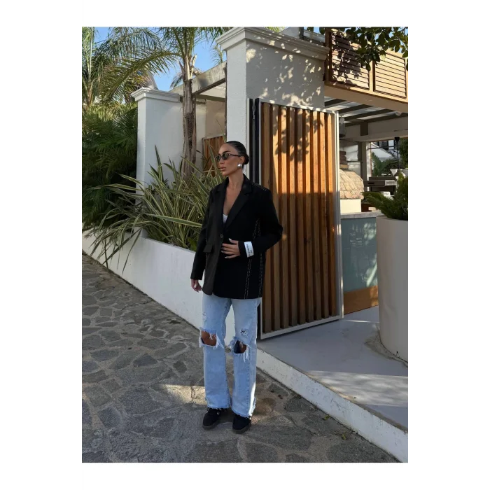 Kadın Siyah Dikiş Detaylı Oversize Blazer Ceket