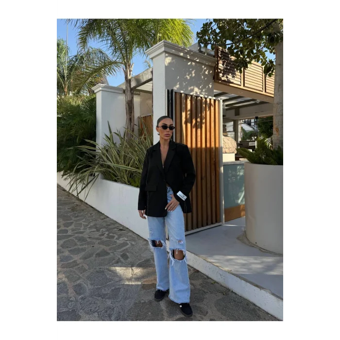 Kadın Siyah Dikiş Detaylı Oversize Blazer Ceket