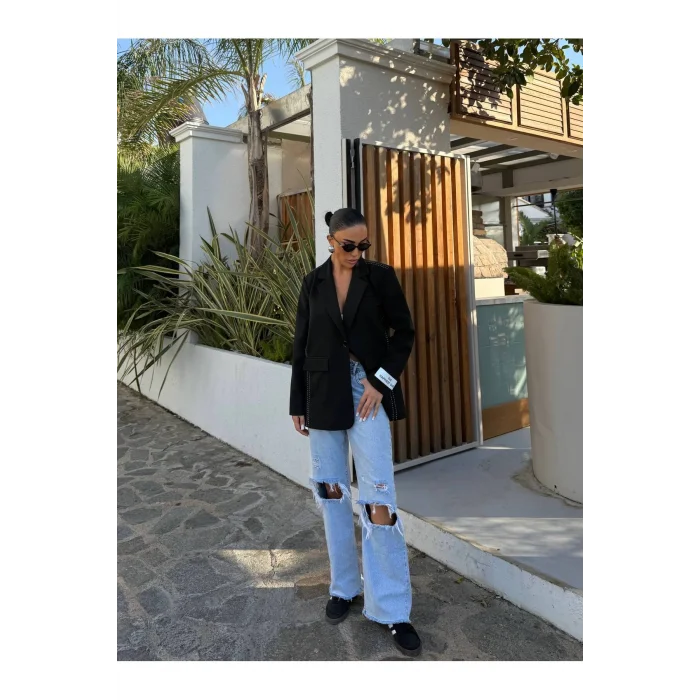Kadın Siyah Dikiş Detaylı Oversize Blazer Ceket