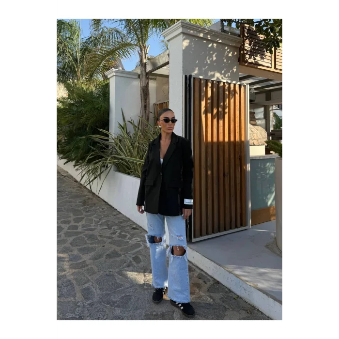 Kadın Siyah Dikiş Detaylı Oversize Blazer Ceket