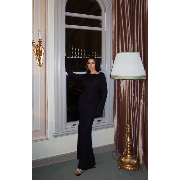 Kadın Siyah Simli Sırt Dekolteli Uzun Elbise