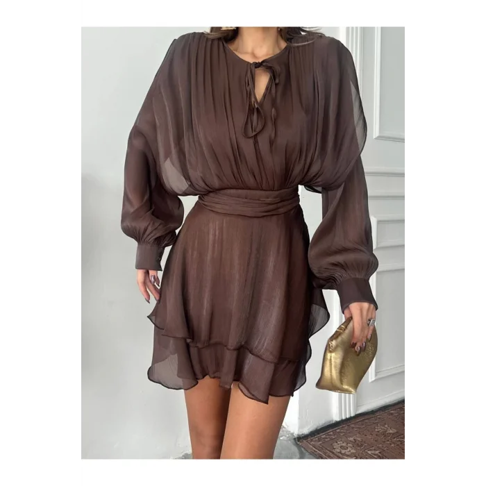 Kadın Vatkalı Jakarlı Tül Mini Elbise