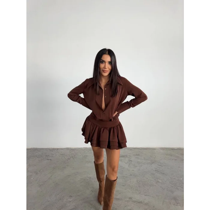 Kadın Kahverengi Gömlek Yaka Volanlı Pileli Mini Elbise