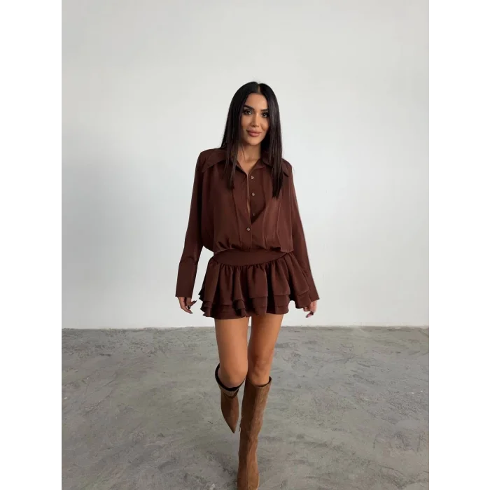 Kadın Kahverengi Gömlek Yaka Volanlı Pileli Mini Elbise