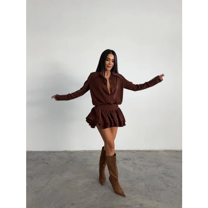 Kadın Kahverengi Gömlek Yaka Volanlı Pileli Mini Elbise