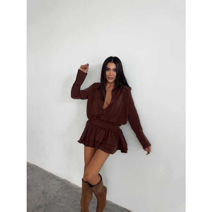 Kadın Kahverengi Gömlek Yaka Volanlı Pileli Mini Elbise