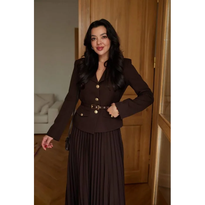 Kadın Kahverengi Kemerli Blazer Ceket ve Piliseli Takım