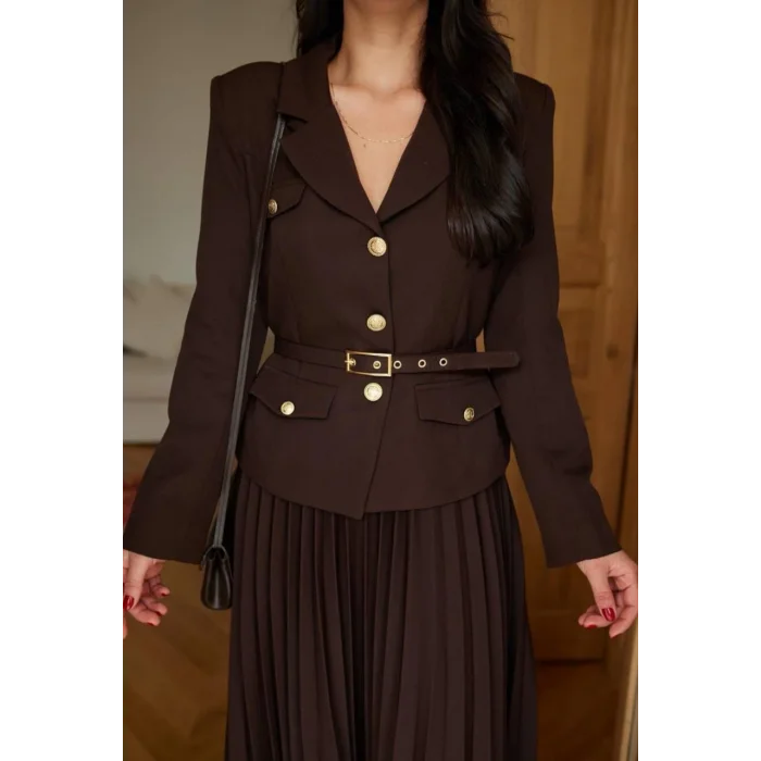 Kadın Kahverengi Kemerli Blazer Ceket ve Piliseli Takım
