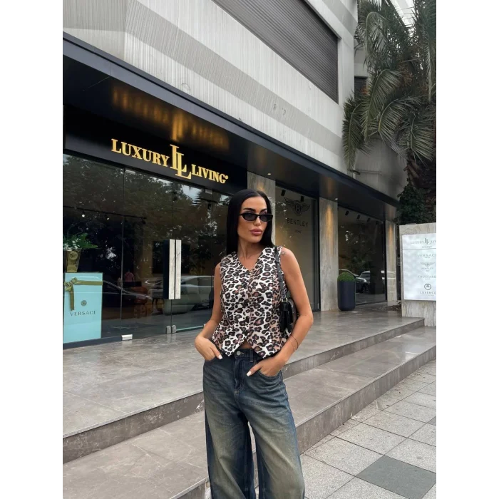 Kadın Düğmeli Klasik Leopar Desen Yelek