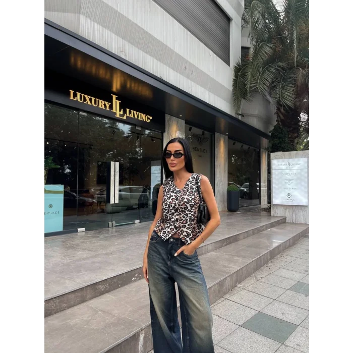 Kadın Düğmeli Klasik Leopar Desen Yelek