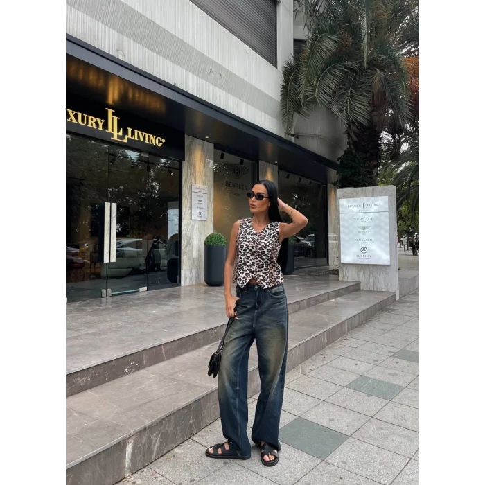 Kadın Düğmeli Klasik Leopar Desen Yelek