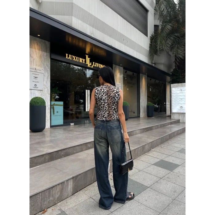 Kadın Düğmeli Klasik Leopar Desen Yelek