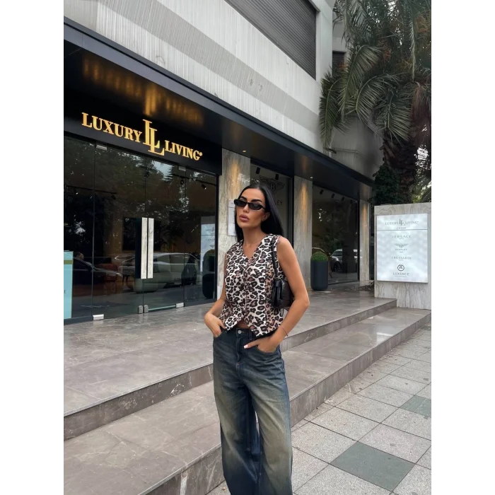 Kadın Düğmeli Klasik Leopar Desen Yelek