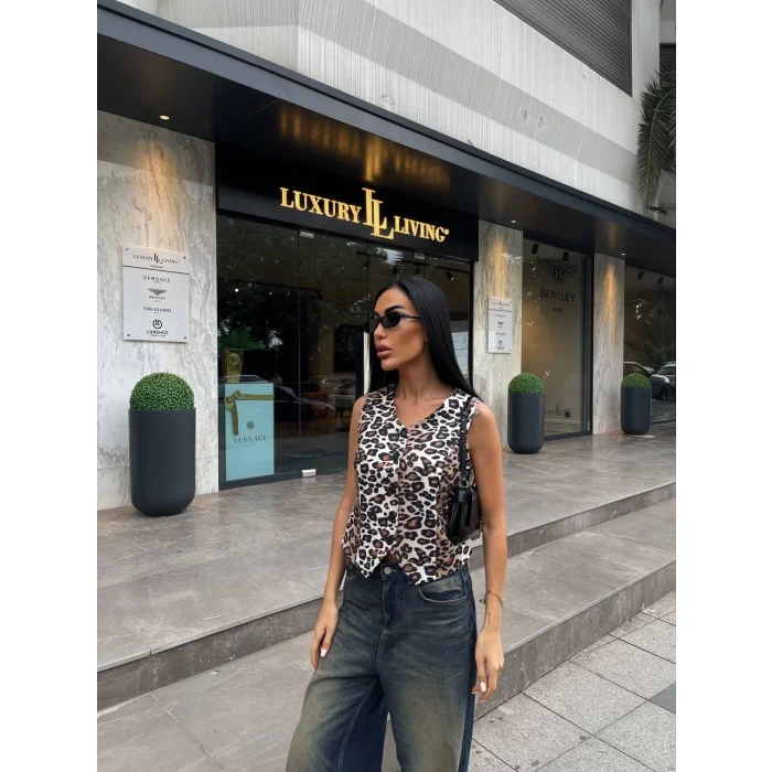 Kadın Düğmeli Klasik Leopar Desen Yelek