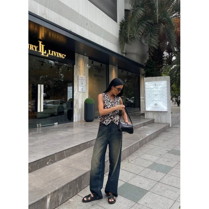 Kadın Düğmeli Klasik Leopar Desen Yelek