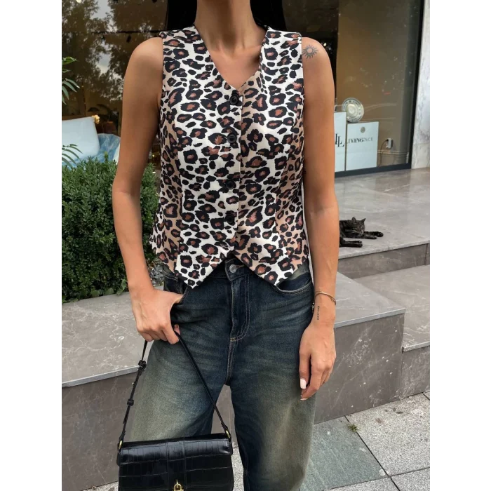 Kadın Düğmeli Klasik Leopar Desen Yelek