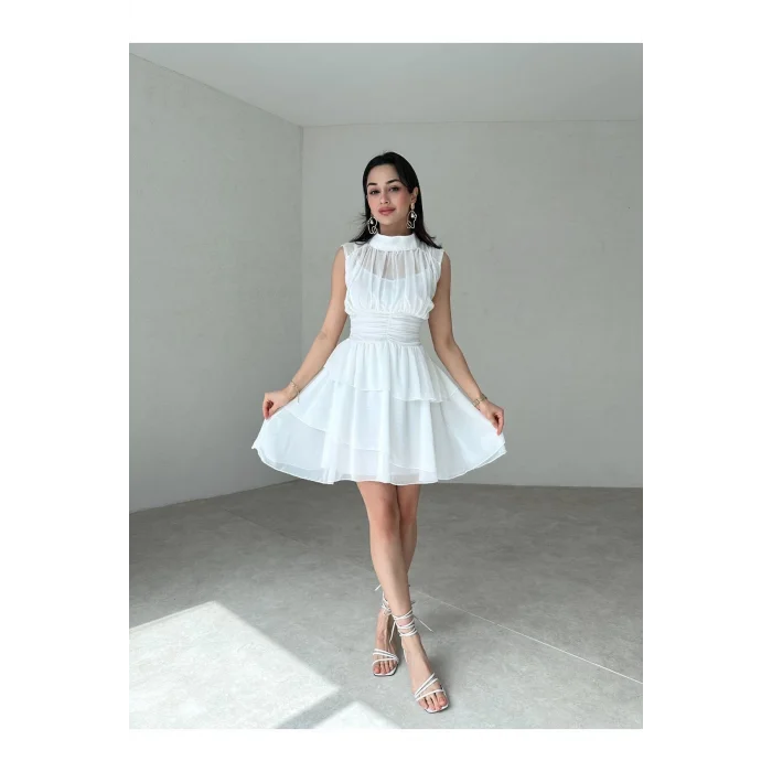 Model Drapeli,dik Yaka,kolsuz,mini,fermuar Kapamalı,şifon,çapraz Kesim Etek Detaylı Elbise