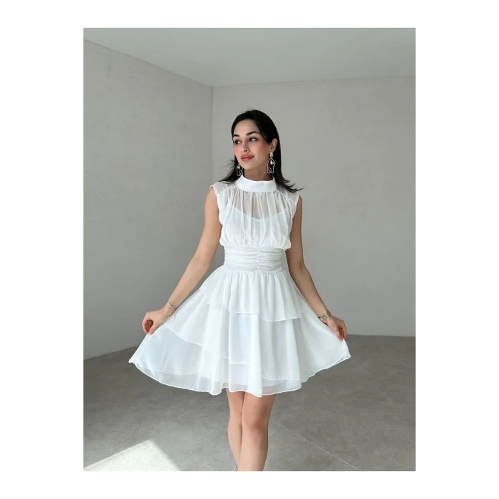 Model Drapeli,dik Yaka,kolsuz,mini,fermuar Kapamalı,şifon,çapraz Kesim Etek Detaylı Elbise