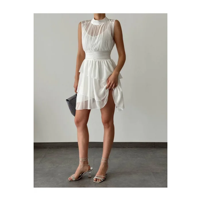 Model Drapeli,dik Yaka,kolsuz,mini,fermuar Kapamalı,şifon,çapraz Kesim Etek Detaylı Elbise