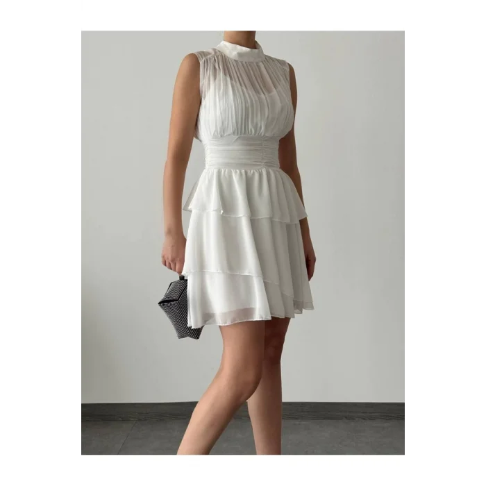 Model Drapeli,dik Yaka,kolsuz,mini,fermuar Kapamalı,şifon,çapraz Kesim Etek Detaylı Elbise