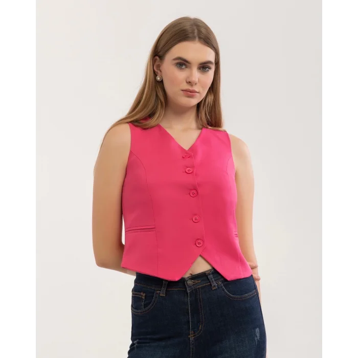 Kadın Klasik Düğmeli Pembe Yelek